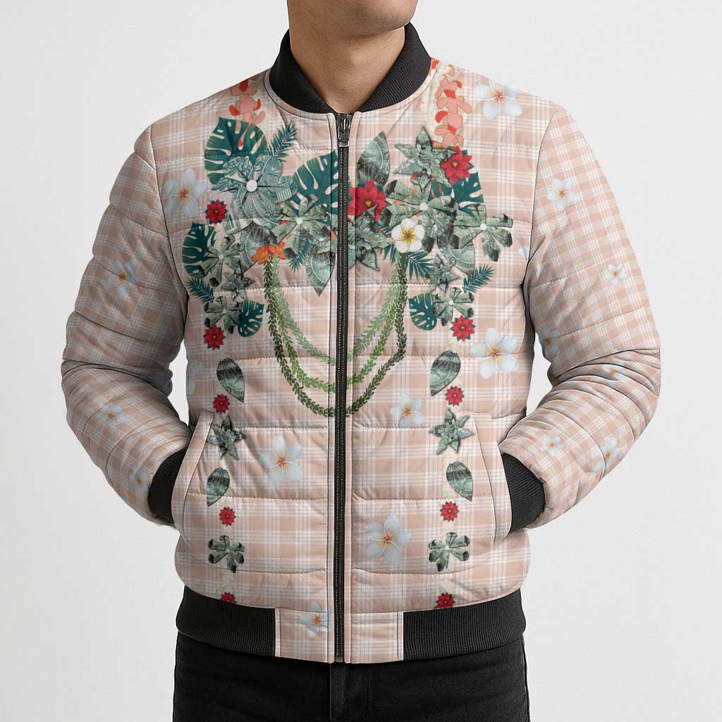 Peach Hawaiian Palaka Bomber Puffer Jacket Kukui Nut Money Lei LT9 - Polynesian Pride