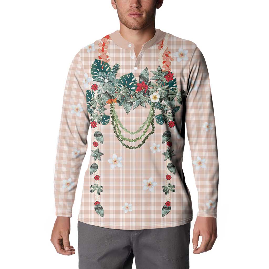 Peach Hawaiian Palaka Button Sweatshirt Kukui Nut Money Lei - Polynesian Pride