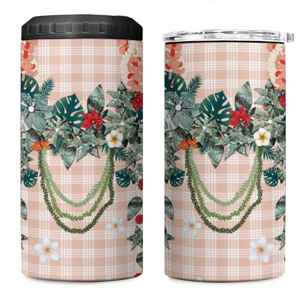 Peach Hawaiian Palaka 4 in 1 Can Cooler Tumbler Kukui Nut Money Lei - Polynesian Pride