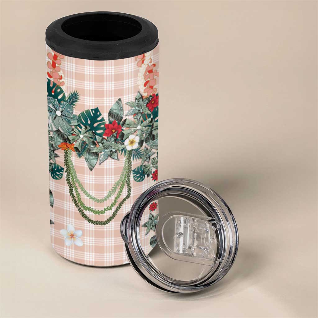 Peach Hawaiian Palaka 4 in 1 Can Cooler Tumbler Kukui Nut Money Lei - Polynesian Pride