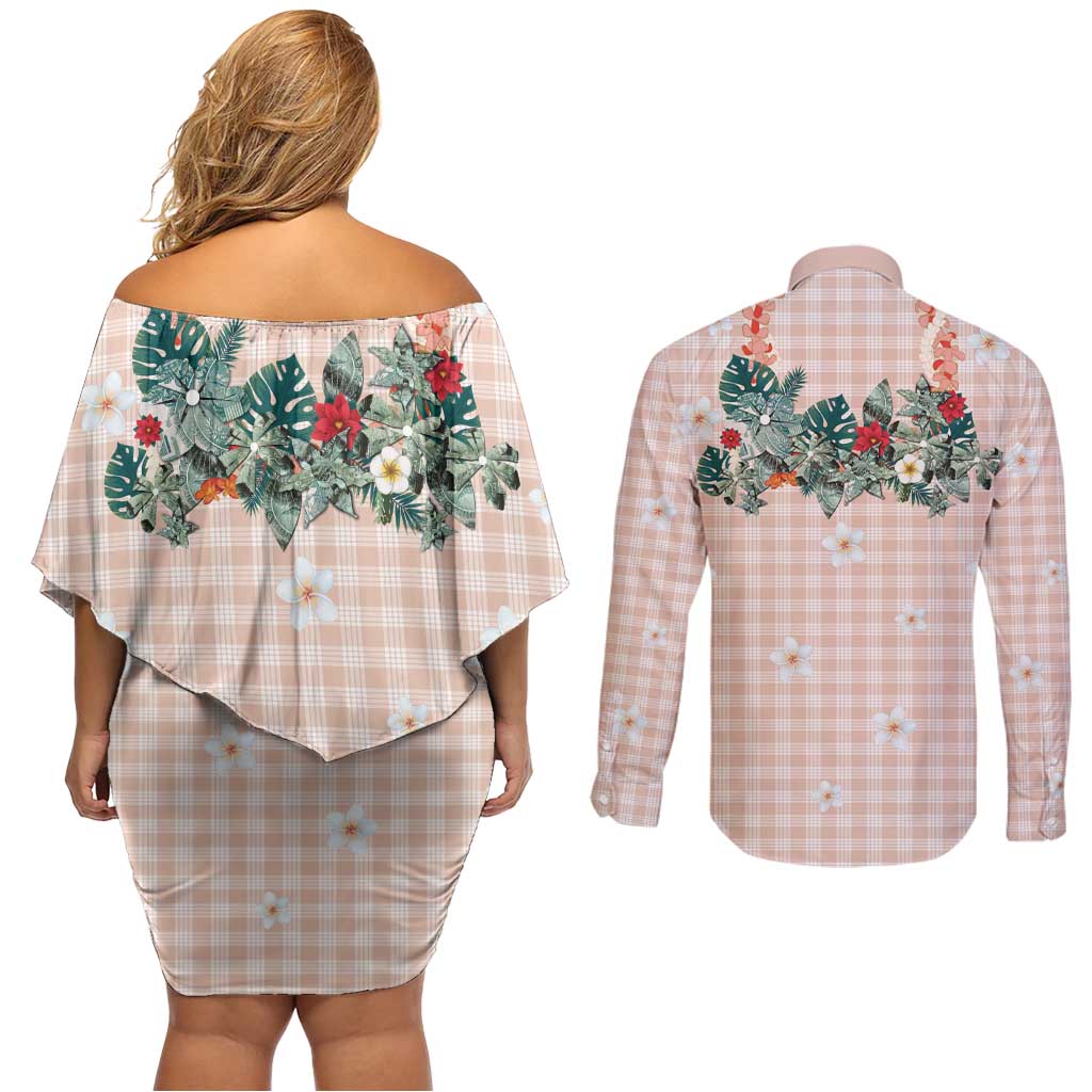 Peach Hawaiian Palaka Couples Matching Off Shoulder Short Dress and Long Sleeve Button Shirt Kukui Nut Money Lei - Polynesian Pride
