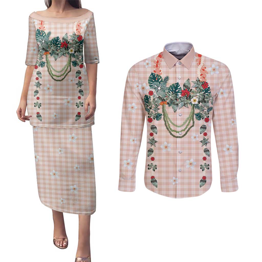 Peach Hawaiian Palaka Couples Matching Puletasi and Long Sleeve Button Shirt Kukui Nut Money Lei - Polynesian Pride