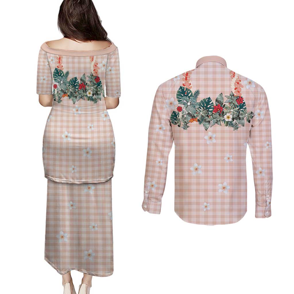 Peach Hawaiian Palaka Couples Matching Puletasi and Long Sleeve Button Shirt Kukui Nut Money Lei - Polynesian Pride
