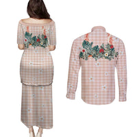 Peach Hawaiian Palaka Couples Matching Puletasi and Long Sleeve Button Shirt Kukui Nut Money Lei - Polynesian Pride