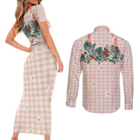 Peach Hawaiian Palaka Couples Matching Short Sleeve Bodycon Dress and Long Sleeve Button Shirt Kukui Nut Money Lei - Polynesian Pride