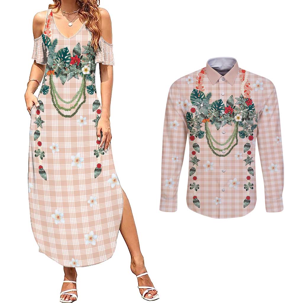 Peach Hawaiian Palaka Couples Matching Summer Maxi Dress and Long Sleeve Button Shirt Kukui Nut Money Lei - Polynesian Pride