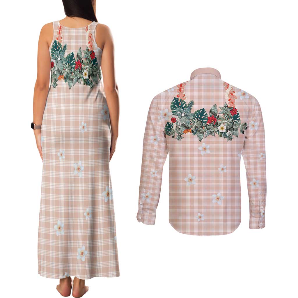 Peach Hawaiian Palaka Couples Matching Tank Maxi Dress and Long Sleeve Button Shirt Kukui Nut Money Lei - Polynesian Pride