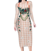 Peach Hawaiian Palaka Family Matching Long Sleeve Bodycon Dress and Hawaiian Shirt Kukui Nut Money Lei - Polynesian Pride