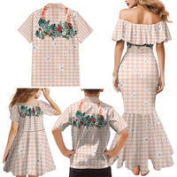 Peach Hawaiian Palaka Family Matching Mermaid Dress and Hawaiian Shirt Kukui Nut Money Lei - Polynesian Pride
