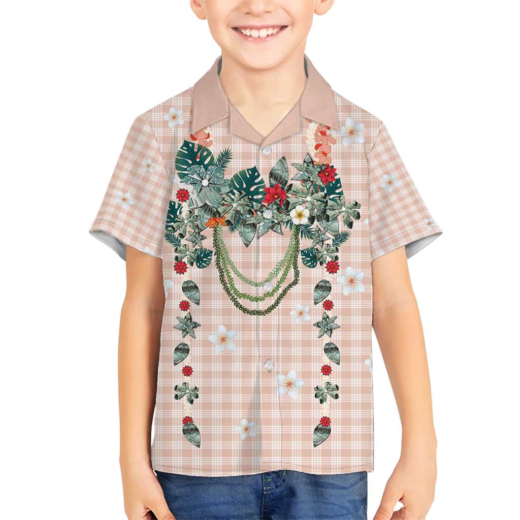 Peach Hawaiian Palaka Family Matching Off Shoulder Maxi Dress and Hawaiian Shirt Kukui Nut Money Lei - Polynesian Pride