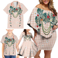 Peach Hawaiian Palaka Family Matching Off Shoulder Short Dress and Hawaiian Shirt Kukui Nut Money Lei - Polynesian Pride