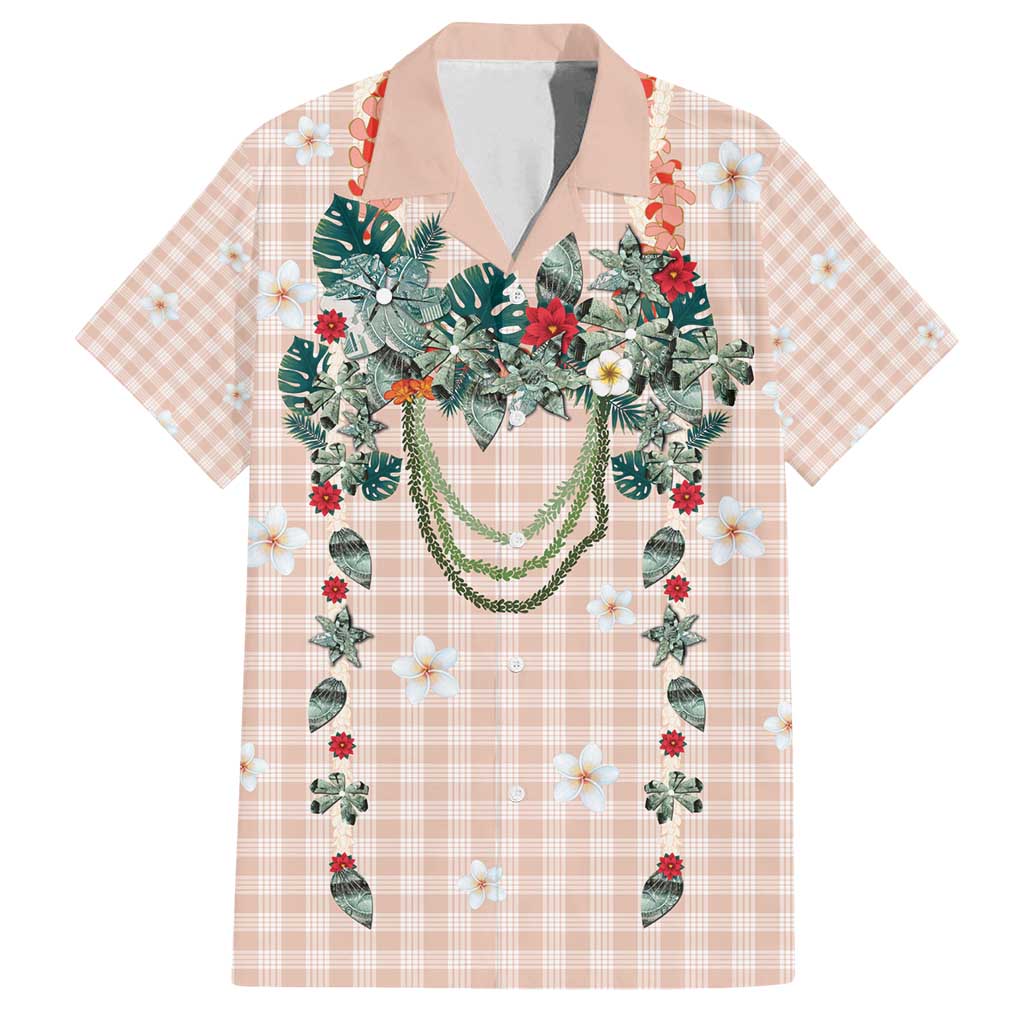 Peach Hawaiian Palaka Family Matching Off Shoulder Short Dress and Hawaiian Shirt Kukui Nut Money Lei - Polynesian Pride