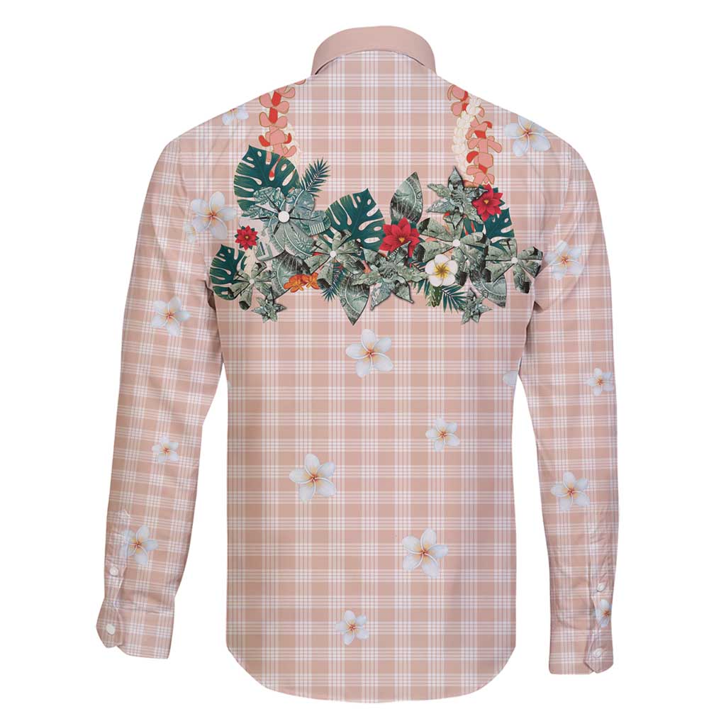 Peach Hawaiian Palaka Family Matching Off Shoulder Short Dress and Hawaiian Shirt Kukui Nut Money Lei - Polynesian Pride