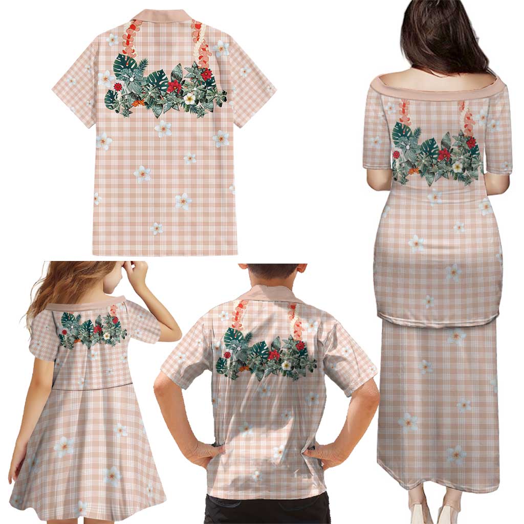 Peach Hawaiian Palaka Family Matching Puletasi and Hawaiian Shirt Kukui Nut Money Lei - Polynesian Pride
