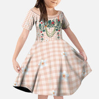 Peach Hawaiian Palaka Family Matching Summer Maxi Dress and Hawaiian Shirt Kukui Nut Money Lei - Polynesian Pride