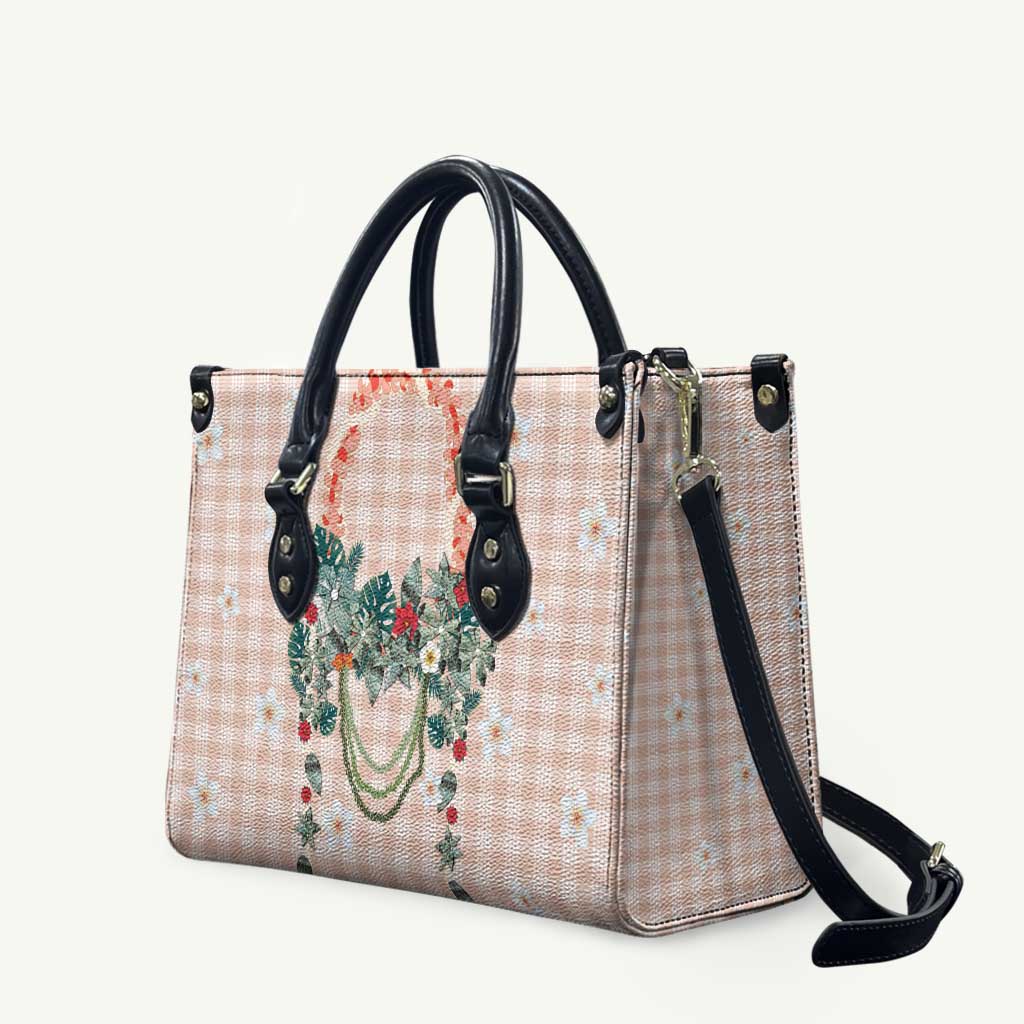 Peach Hawaiian Palaka Leather Bag Kukui Nut Money Lei - Polynesian Pride