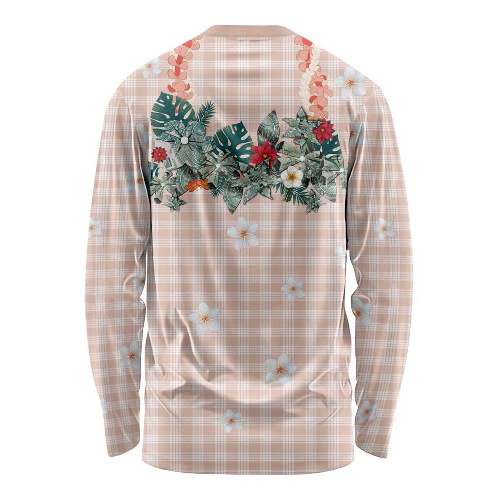 Peach Hawaiian Palaka Long Sleeve Shirt Kukui Nut Money Lei - Polynesian Pride