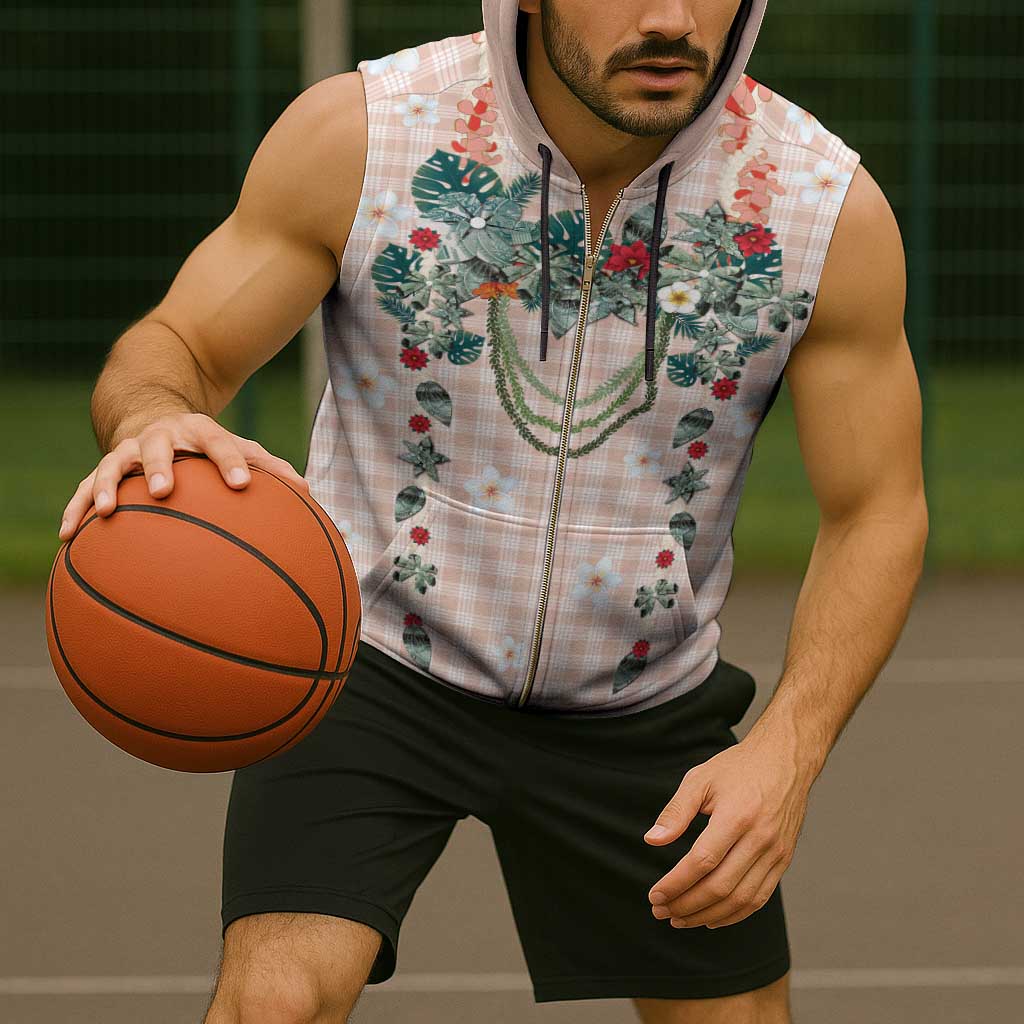 Peach Hawaiian Palaka Sleeveless Zip Hoodie Kukui Nut Money Lei - Polynesian Pride