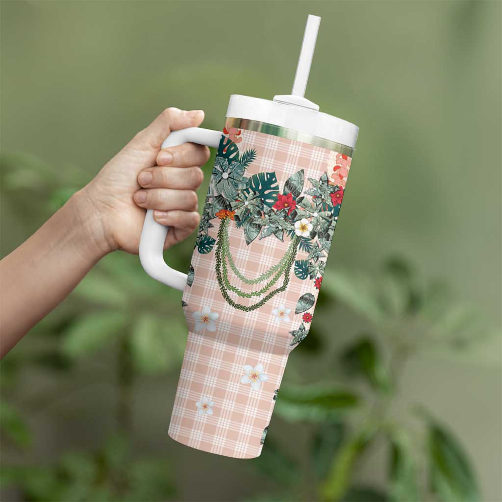 Peach Hawaiian Palaka Tumbler With Handle Kukui Nut Money Lei - Polynesian Pride