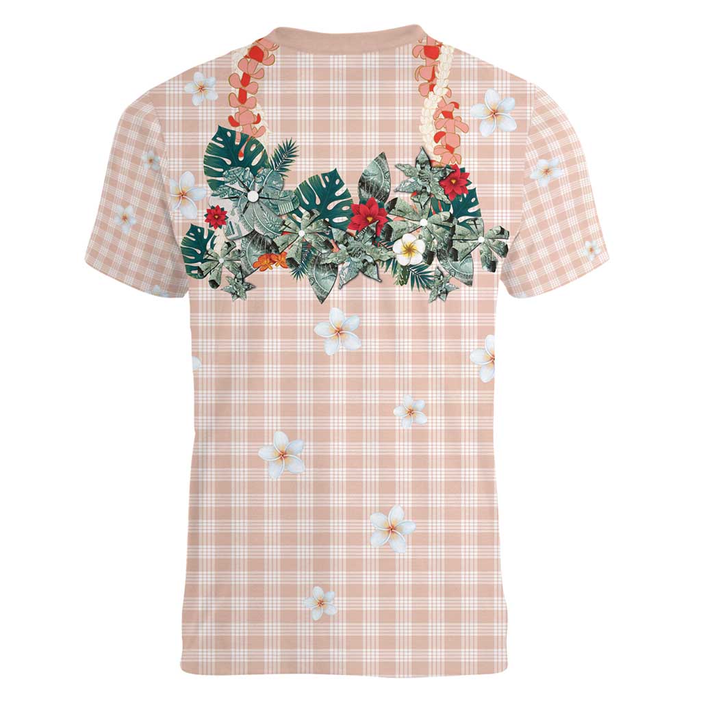 Peach Hawaiian Palaka Women V-Neck T-Shirt Kukui Nut Money Lei - Polynesian Pride