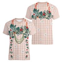 Peach Hawaiian Palaka Women V-Neck T-Shirt Kukui Nut Money Lei - Polynesian Pride