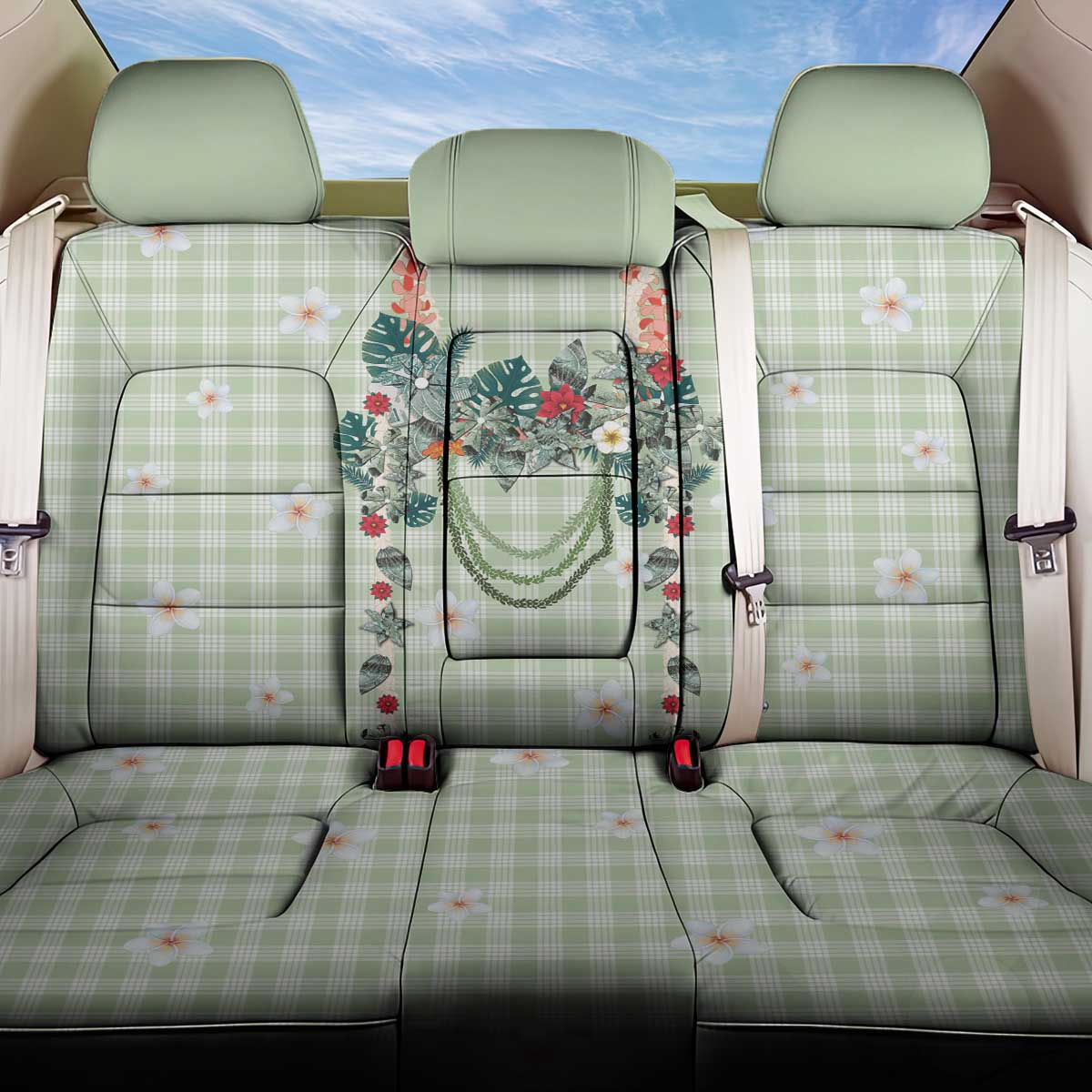 Sage Green Hawaiian Palaka Back Car Seat Cover Kukui Nut Money Lei - Polynesian Pride
