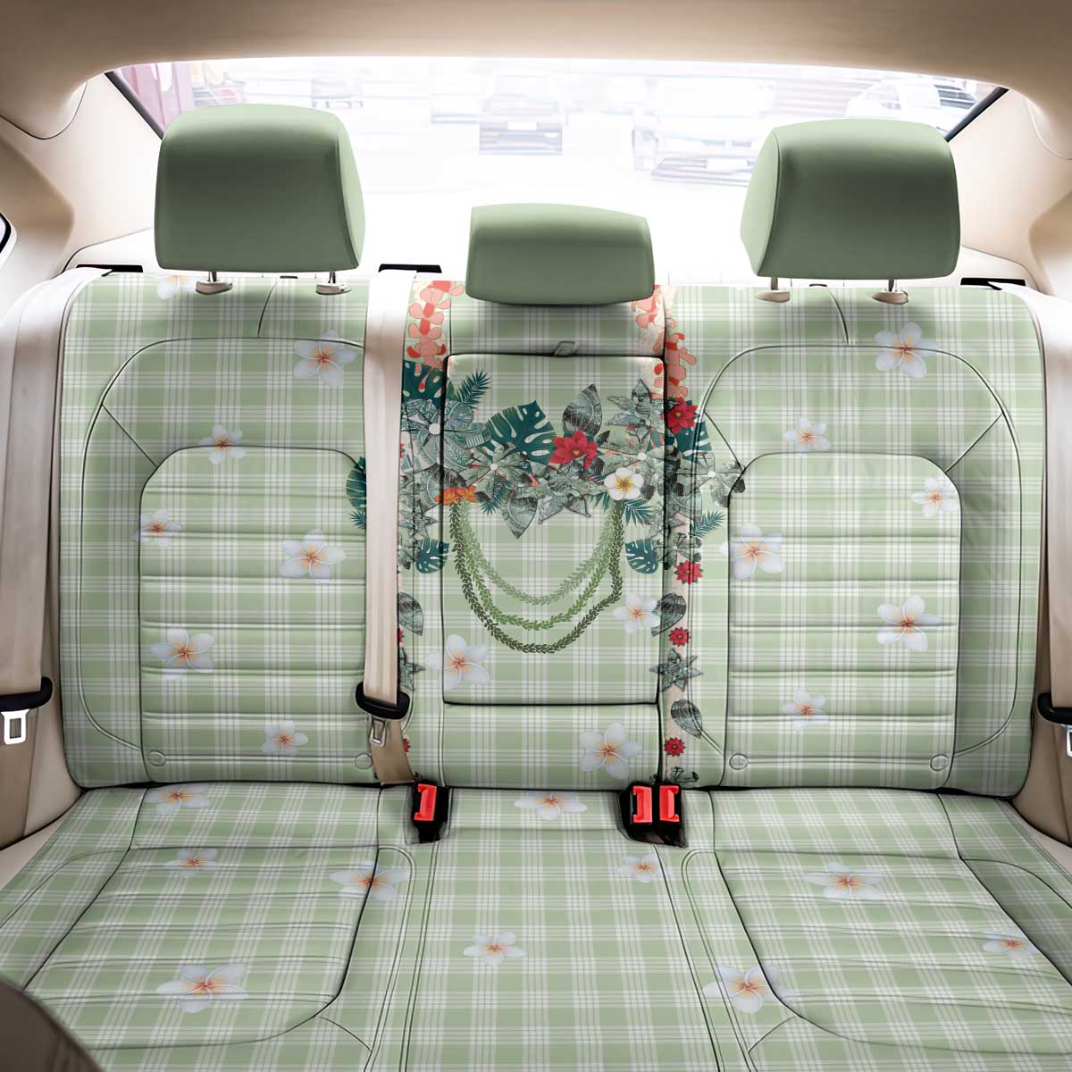 Sage Green Hawaiian Palaka Back Car Seat Cover Kukui Nut Money Lei - Polynesian Pride