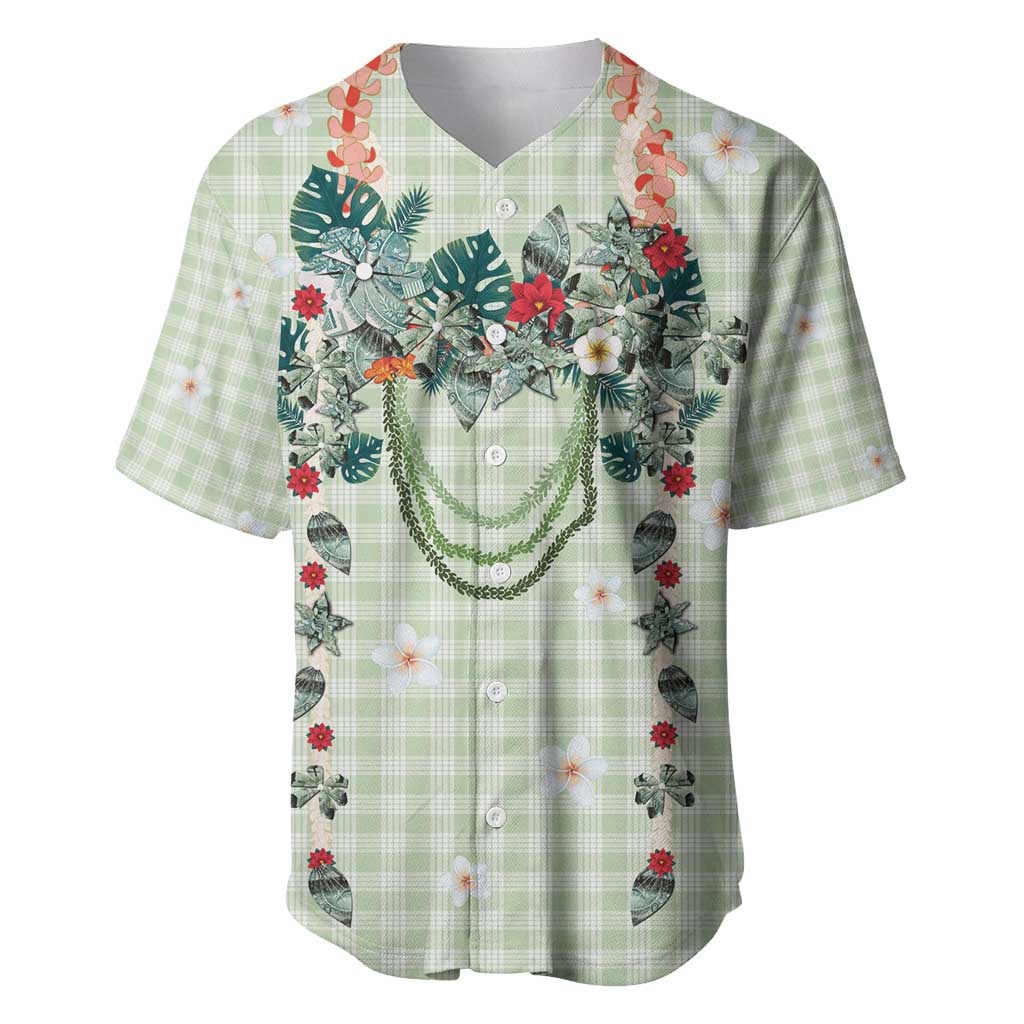 Sage Green Hawaiian Palaka Baseball Jersey Kukui Nut Money Lei - Polynesian Pride