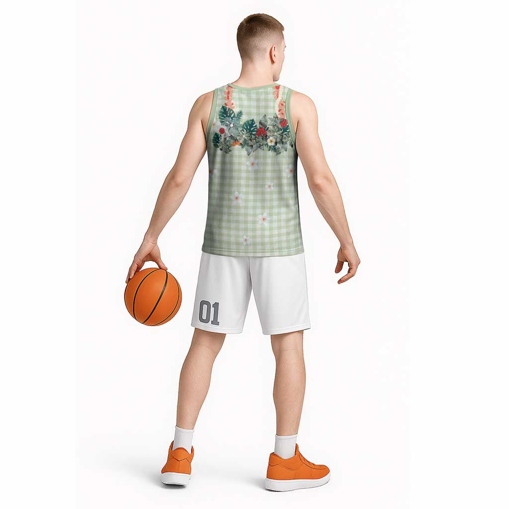 Sage Green Hawaiian Palaka Basketball Jersey Kukui Nut Money Lei LT9 - Polynesian Pride