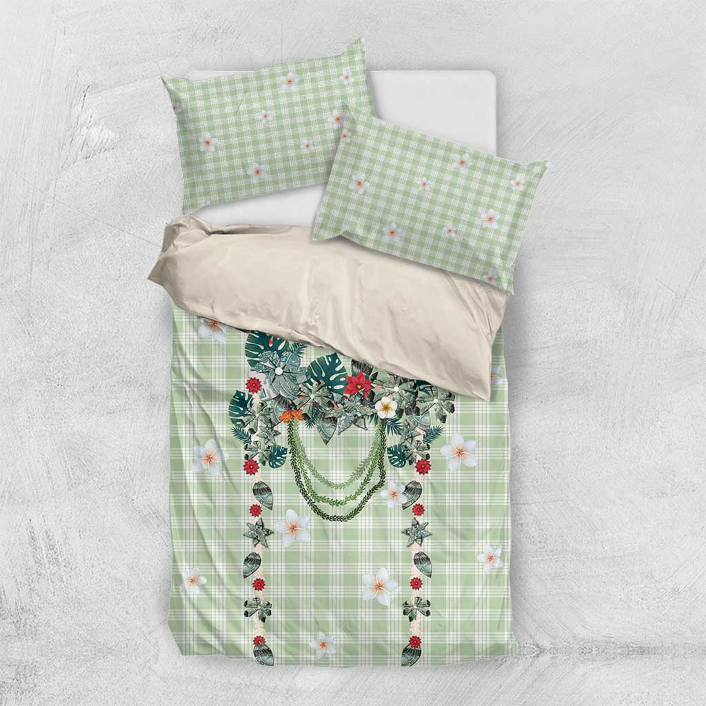 Sage Green Hawaiian Palaka Bedding Set Kukui Nut Money Lei - Polynesian Pride