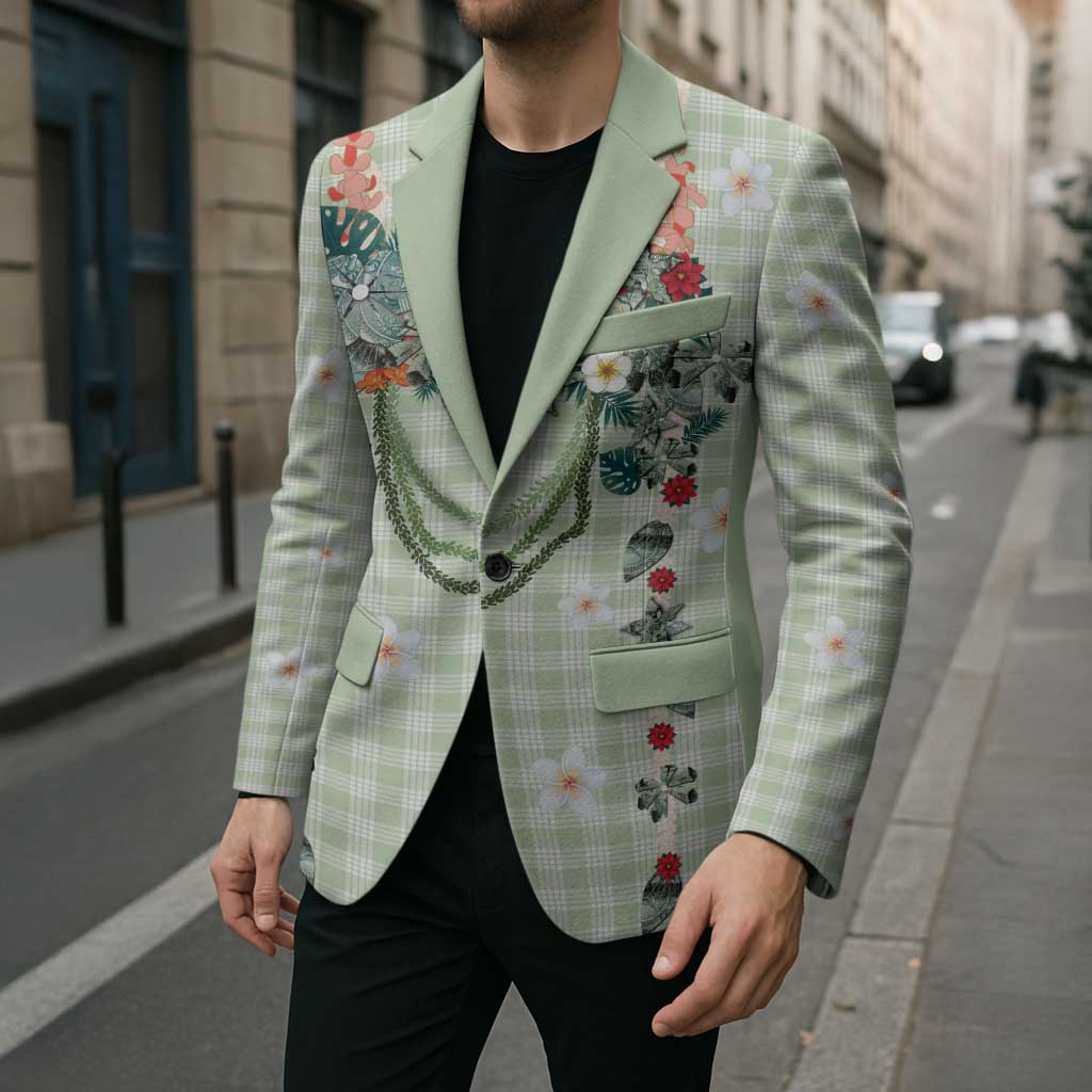 Sage Green Hawaiian Palaka Blazer Kukui Nut Money Lei - Polynesian Pride