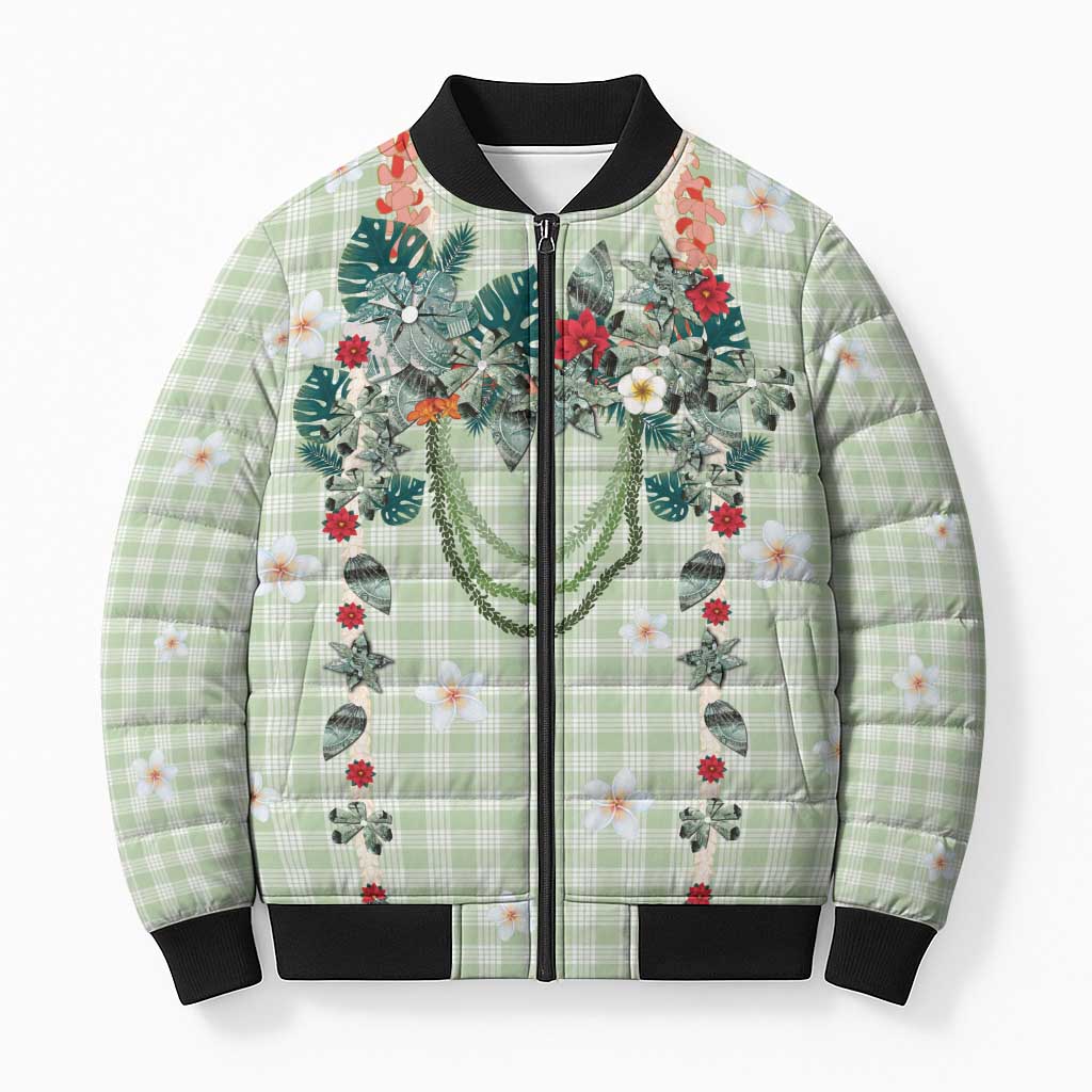 Sage Green Hawaiian Palaka Bomber Puffer Jacket Kukui Nut Money Lei LT9 Unisex Green - Polynesian Pride