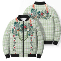 Sage Green Hawaiian Palaka Bomber Puffer Jacket Kukui Nut Money Lei LT9 - Polynesian Pride
