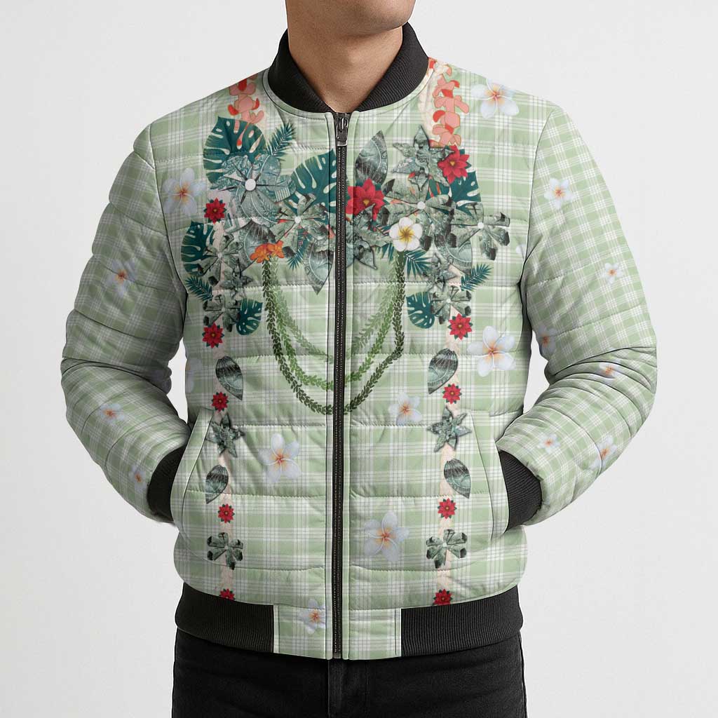 Sage Green Hawaiian Palaka Bomber Puffer Jacket Kukui Nut Money Lei LT9 - Polynesian Pride