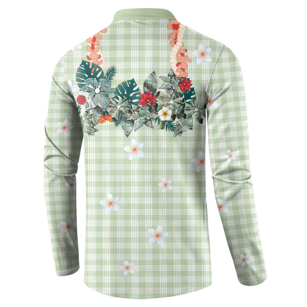 Sage Green Hawaiian Palaka Button Sweatshirt Kukui Nut Money Lei LT9 - Polynesian Pride