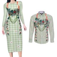 Sage Green Hawaiian Palaka Couples Matching Long Sleeve Bodycon Dress and Long Sleeve Button Shirt Kukui Nut Money Lei - Polynesian Pride