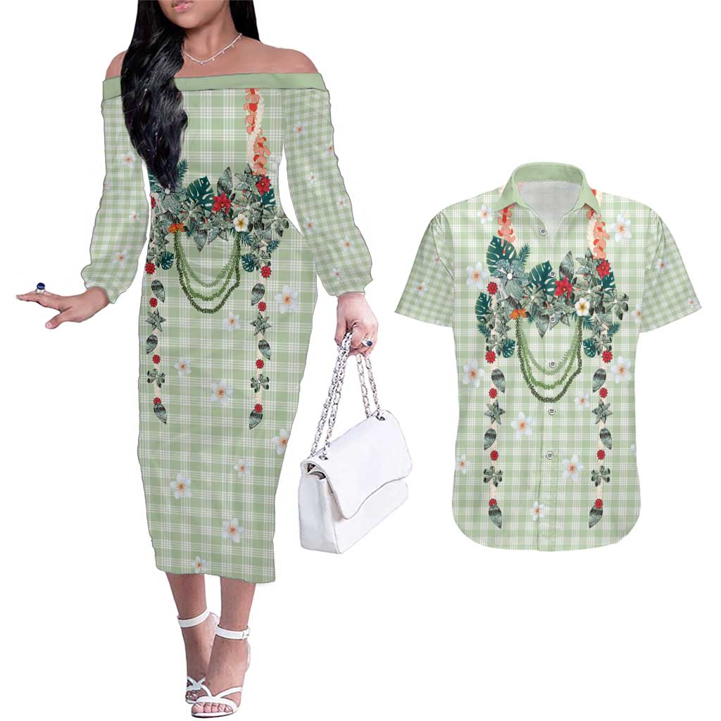 Sage Green Hawaiian Palaka Couples Matching Off The Shoulder Long Sleeve Dress and Hawaiian Shirt Kukui Nut Money Lei - Polynesian Pride