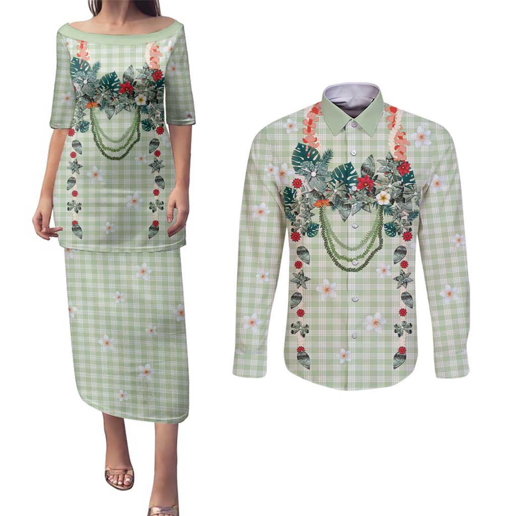 Sage Green Hawaiian Palaka Couples Matching Puletasi and Long Sleeve Button Shirt Kukui Nut Money Lei LT9 Green - Polynesian Pride
