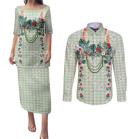 Sage Green Hawaiian Palaka Couples Matching Puletasi and Long Sleeve Button Shirt Kukui Nut Money Lei LT9 Green - Polynesian Pride