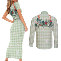 Sage Green Hawaiian Palaka Couples Matching Short Sleeve Bodycon Dress and Long Sleeve Button Shirt Kukui Nut Money Lei - Polynesian Pride