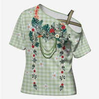 Sage Green Hawaiian Palaka Cross Shoulder Shirt Kukui Nut Money Lei LT9 Female Green - Polynesian Pride