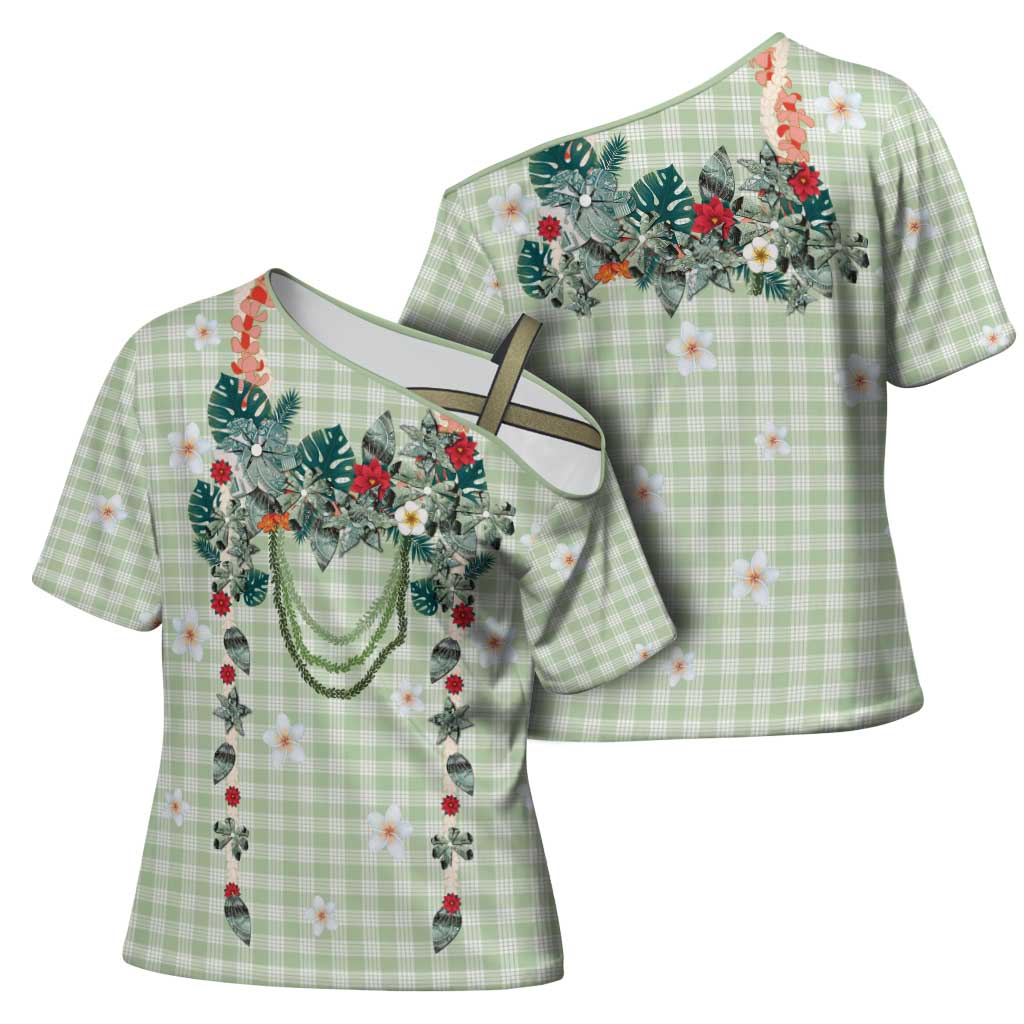 Sage Green Hawaiian Palaka Cross Shoulder Shirt Kukui Nut Money Lei LT9 - Polynesian Pride