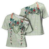 Sage Green Hawaiian Palaka Cross Shoulder Shirt Kukui Nut Money Lei LT9 - Polynesian Pride