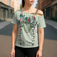Sage Green Hawaiian Palaka Cross Shoulder Shirt Kukui Nut Money Lei LT9 - Polynesian Pride
