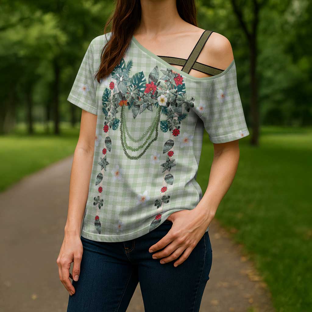 Sage Green Hawaiian Palaka Cross Shoulder Shirt Kukui Nut Money Lei LT9 - Polynesian Pride