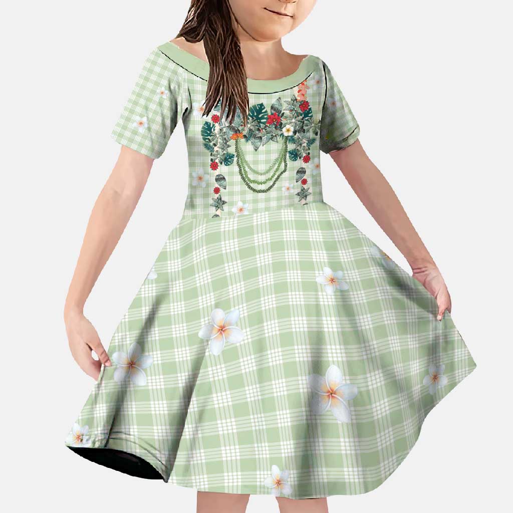 Sage Green Hawaiian Palaka Family Matching Long Sleeve Bodycon Dress and Hawaiian Shirt Kukui Nut Money Lei - Polynesian Pride