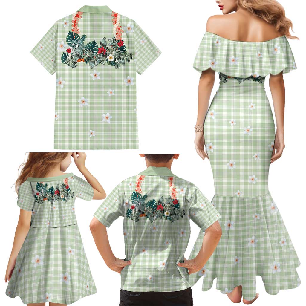 Sage Green Hawaiian Palaka Family Matching Mermaid Dress and Hawaiian Shirt Kukui Nut Money Lei - Polynesian Pride
