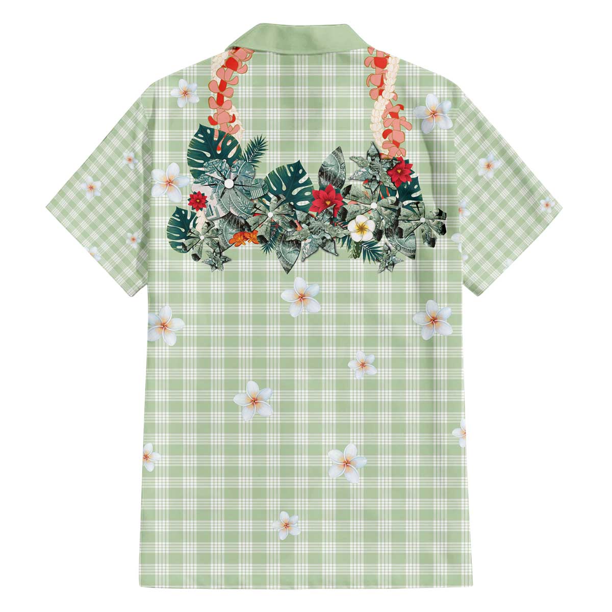 Sage Green Hawaiian Palaka Family Matching Off The Shoulder Long Sleeve Dress and Hawaiian Shirt Kukui Nut Money Lei - Polynesian Pride