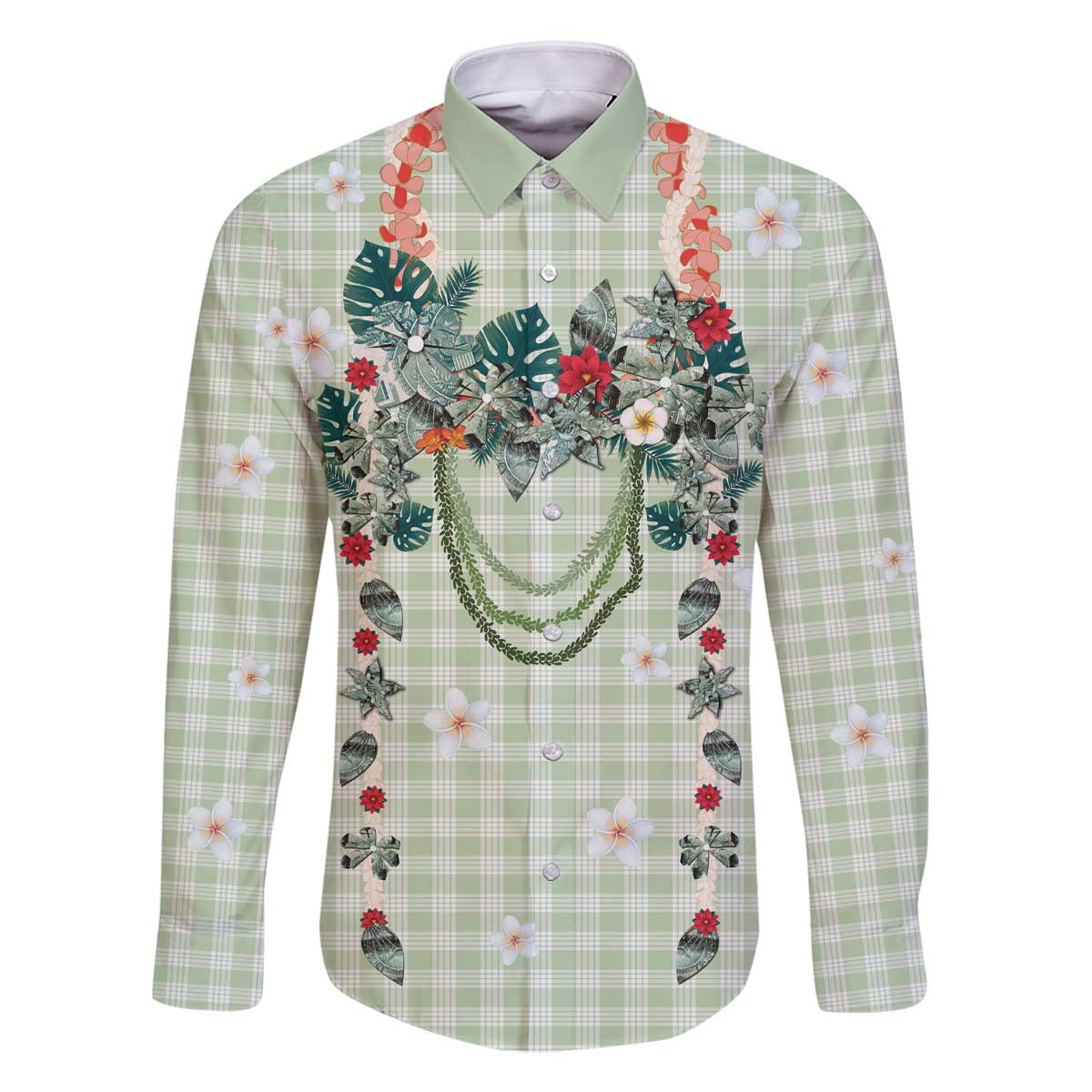 Sage Green Hawaiian Palaka Family Matching Off The Shoulder Long Sleeve Dress and Hawaiian Shirt Kukui Nut Money Lei - Polynesian Pride