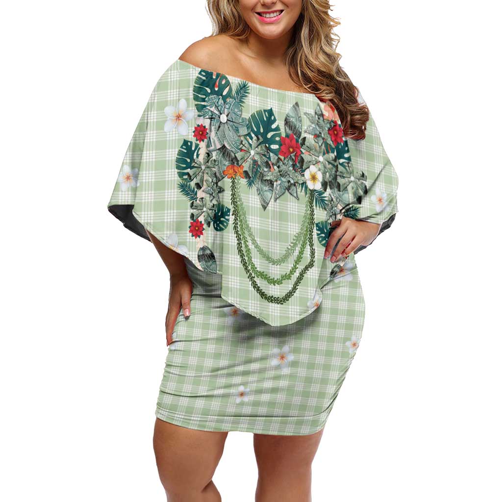 Sage Green Hawaiian Palaka Family Matching Off Shoulder Short Dress and Hawaiian Shirt Kukui Nut Money Lei - Polynesian Pride